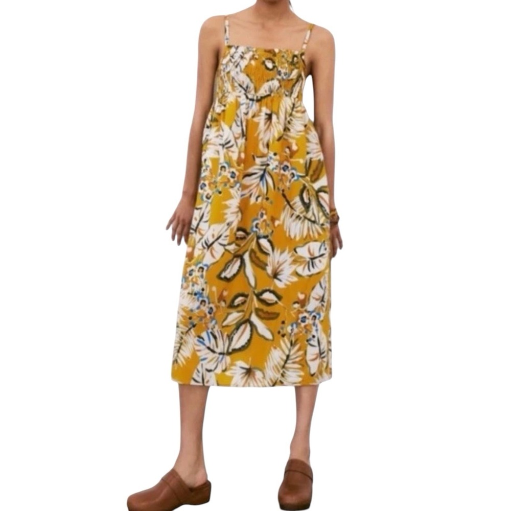 Zara Midi Dress Womens M Mustard Floral 100% Cotton Smocked Bodice Boho Resort